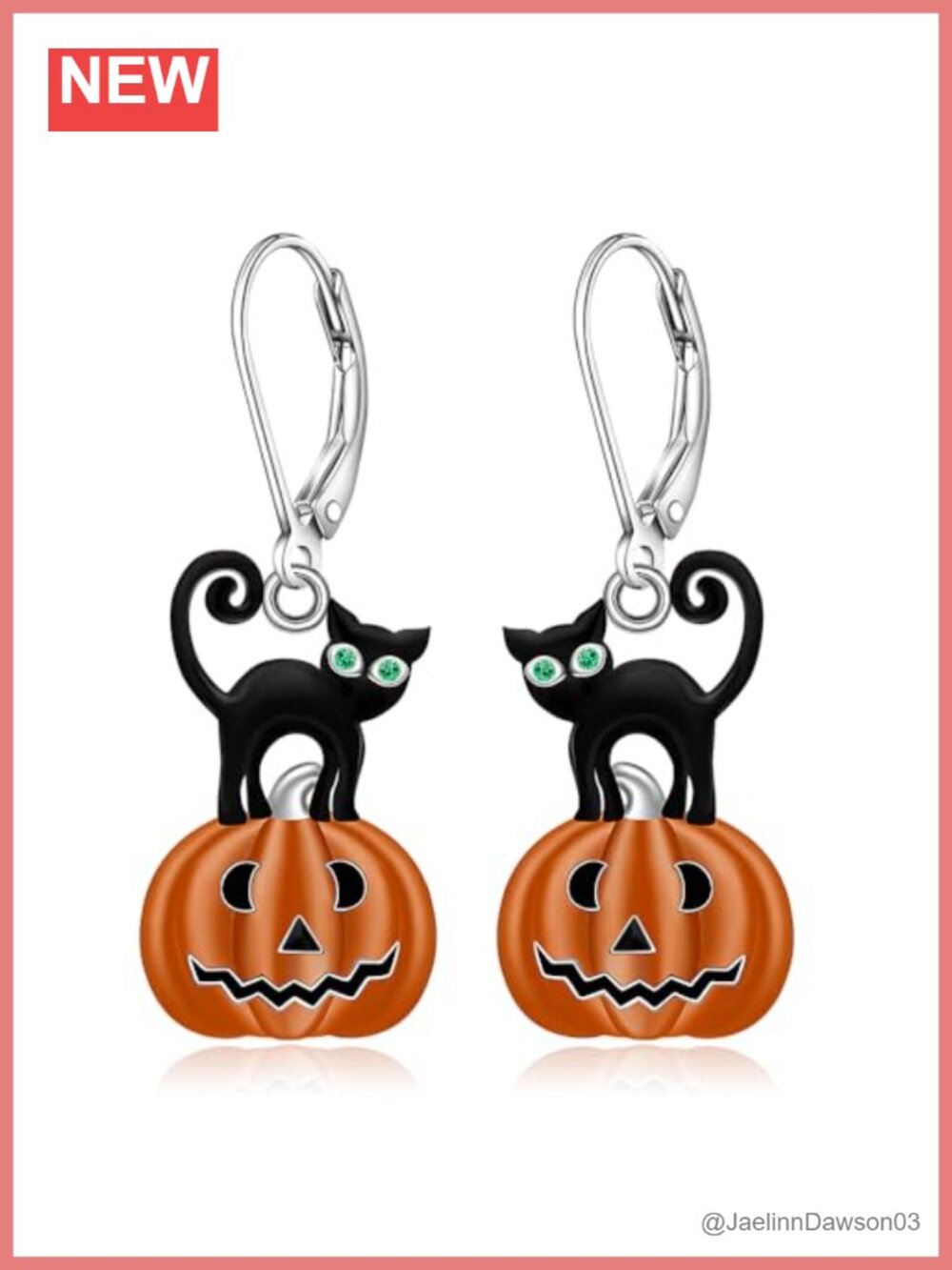 Sterling Silver Halloween Pumpkin Black Cat Dangle Leverback Earrings